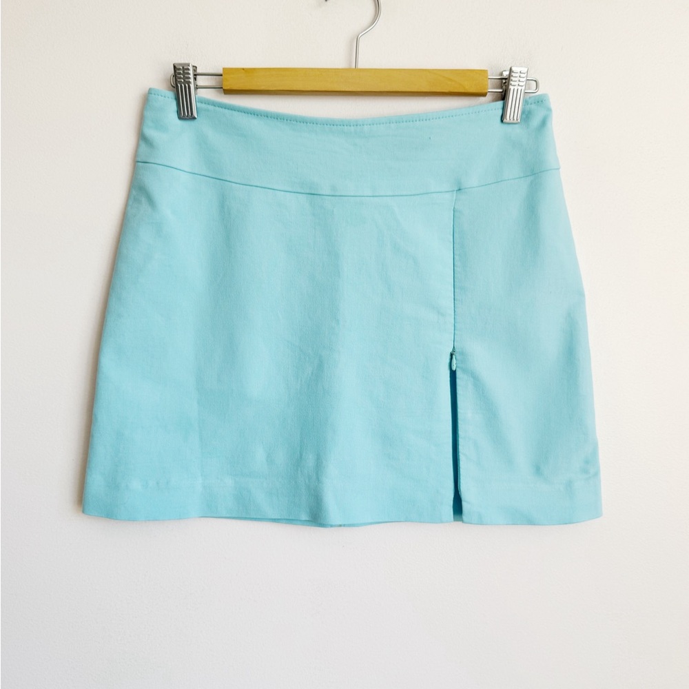 aqua blue stretch mini skirt with zip side slit